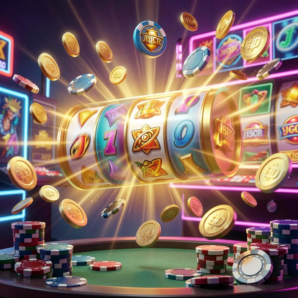 Gulungan mesin slot berwarna-warni berputar dengan efek cahaya emas dan koin beterbangan di latar belakang neon yang semarak, menampilkan konsep bonus putaran gratis untuk kasino daring NX8888