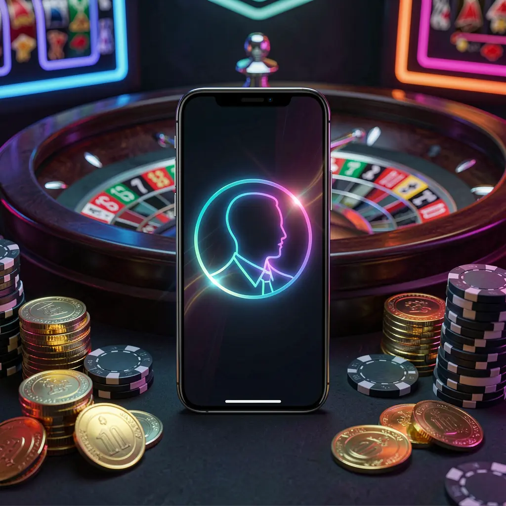 Gambar masuk kasino daring NX8888 menampilkan ponsel modern dengan ikon profil bercahaya, lampu roulette di latar belakang, koin emas, dan chip poker dalam suasana neon gelap premium