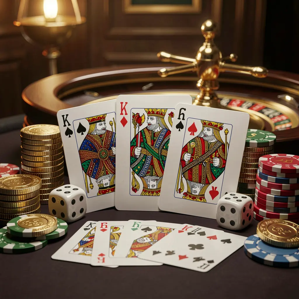 Beranda kasino daring NX8888 yang elegan menampilkan kartu royal flush, dadu, koin emas, chip poker di atas meja gelap dengan roda roulette bercahaya di latar belakang dalam render 3D sinematik